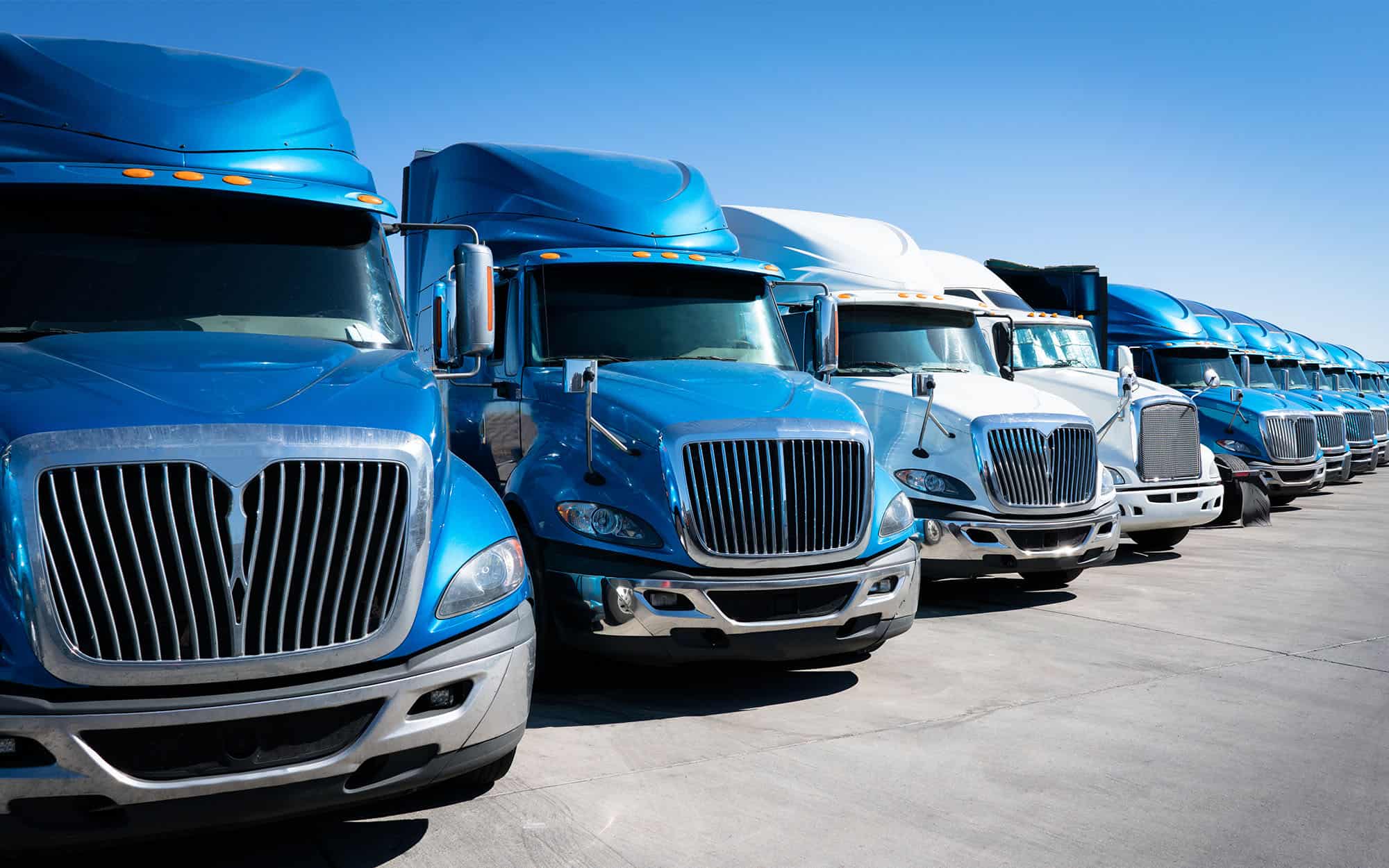 Fleet of blue 18 wheeler semi trucks