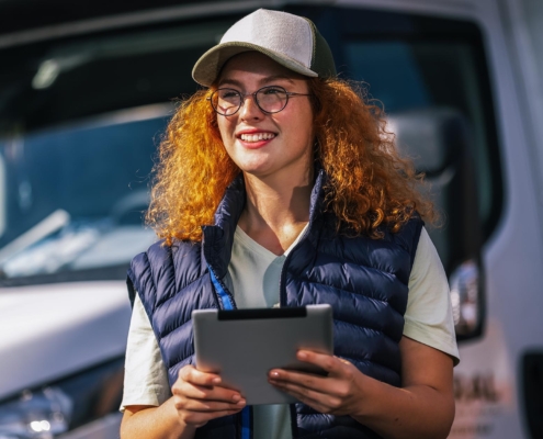 Fleet vehicle driver using tablet to check data