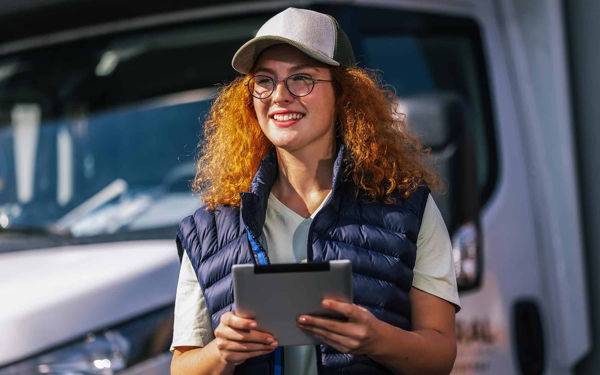 Fleet vehicle driver using tablet to check data