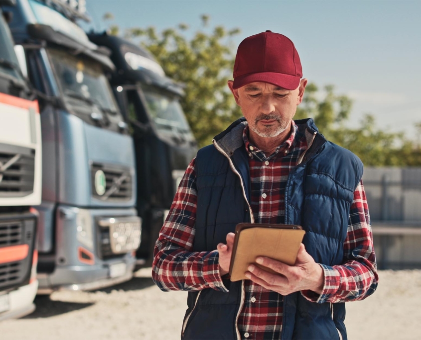 Truck driver using tablet