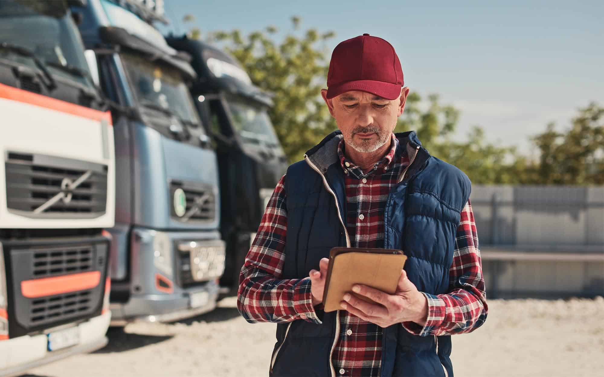 Truck driver using tablet