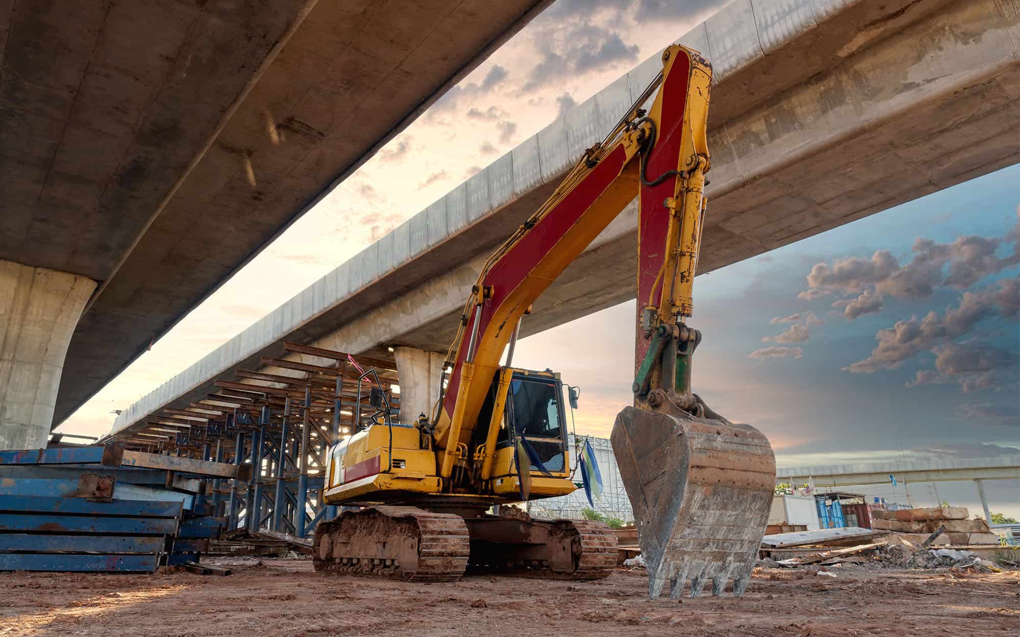 Excavator heavy machine at Structure road construction of expressway under construction